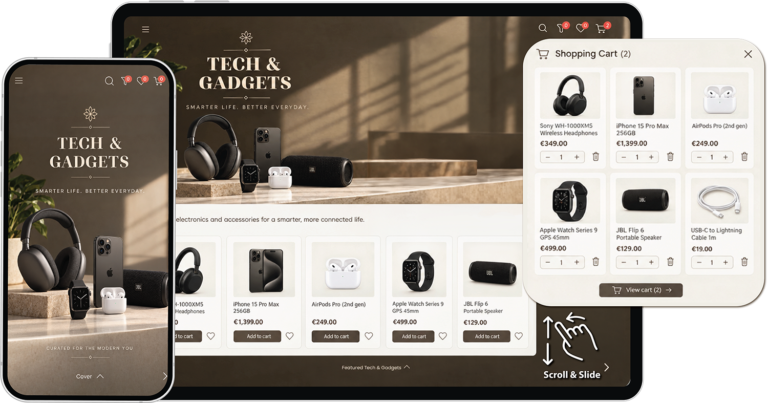 Landing page de campanie pe tabletă și mobil, cu o copertă personalizată, un banner promoțional, o grilă de produse cu butoane de adăugare în coș și un coș de cumpărături deschis