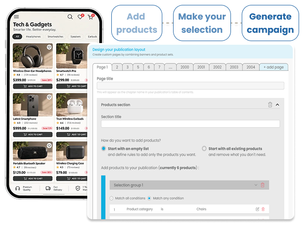 Pasul 1: interfața de creare a unui landing page de campanie — adăugarea produselor, selecția lor și generarea campaniei, cu editorul de layout care afișează filele paginilor și regulile de selecție a produselor, lângă o previzualizare pe mobil