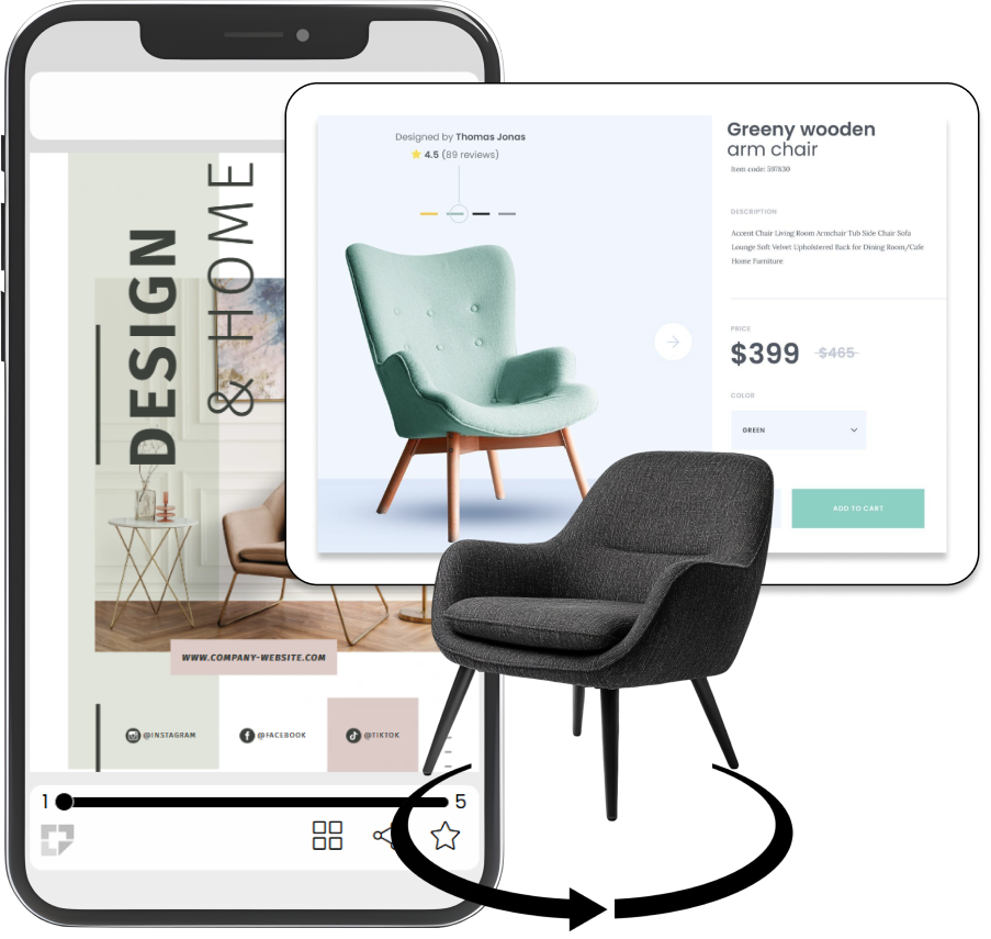 Smartphone care afișează o broșură de prezentare a unui produs și o pagină de produs cu un fotoliu care se rotește 3D.