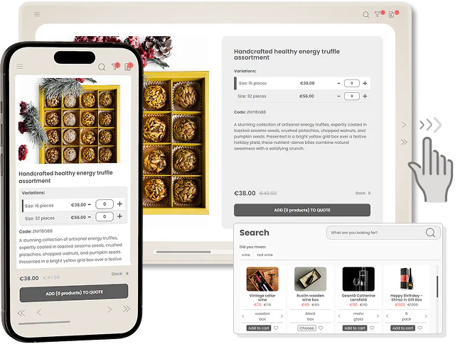 Slider de produtos interativo e aplicativo de catálogo digital apresentando uma interface de e-commerce responsiva com solicitação de orçamento, busca e funcionalidade de lista de desejos