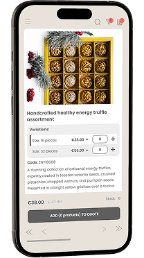 Interactive mobile demo of the product slider application showing a responsive e-commerce interface with variation selection and a quote request system.