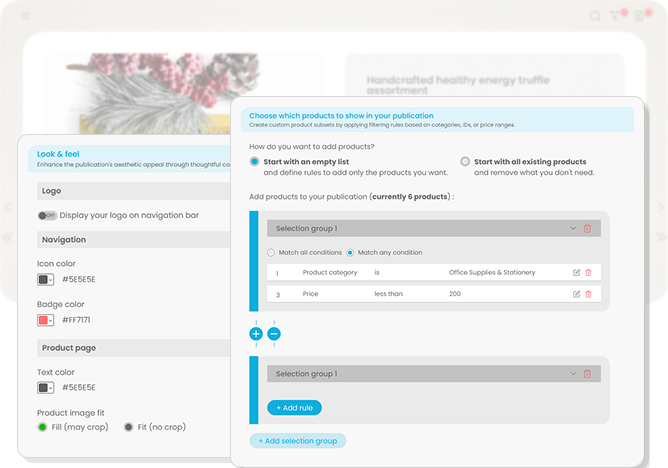 Backend dashboard of the product slider application showing customization settings for look and feel alongside a rule-based product selection engine for creating handpicked catalogs.