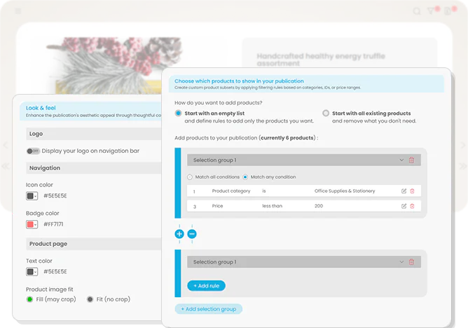 Panel de administración de la aplicación de slider de productos con opciones de personalización visual y un motor de selección de productos basado en reglas para crear catálogos seleccionados