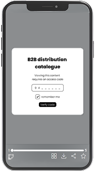 Smartphone screen showing a b2b catalogue with an access code prompt.
