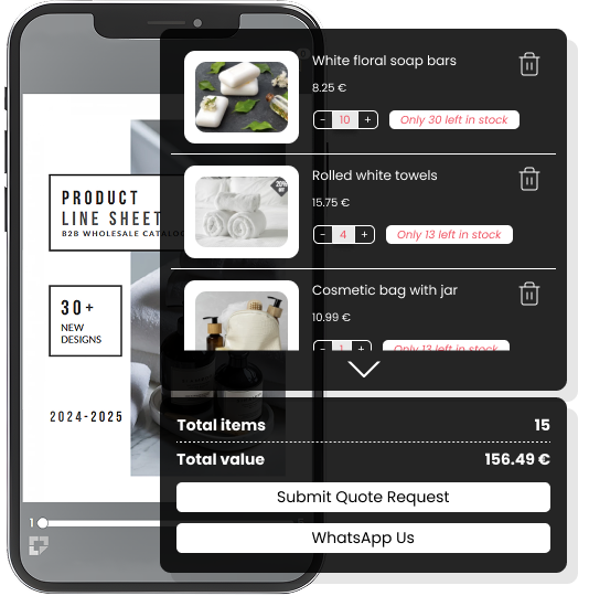 Pantalla de teléfono inteligente que muestra un catálogo digital de productos donde los compradores pueden agregar artículos y enviar solicitudes de cotización directamente.