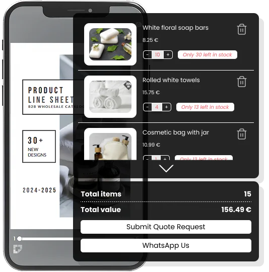 Tela de smartphone exibindo um catálogo digital de produtos em que os compradores podem adicionar itens e enviar pedidos de orçamento diretamente.