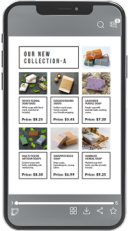 Pantalla de teléfono inteligente que muestra un catálogo digital de productos donde los compradores pueden agregar artículos y solicitar cotizaciones directamente.