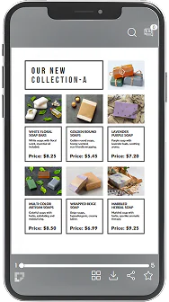 Ecran de smartphone care afișează un catalog digital de produse unde cumpărătorii pot adăuga articole și solicita o ofertă personlizată