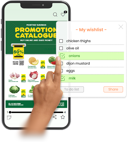 A digital promotion catalogue with a customer selecting items on a shareable wishlist and shopping list interface
