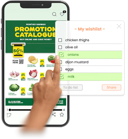 Um catálogo digital de promoções em que o cliente seleciona produtos usando uma lista de desejos e de compras compartilhável.