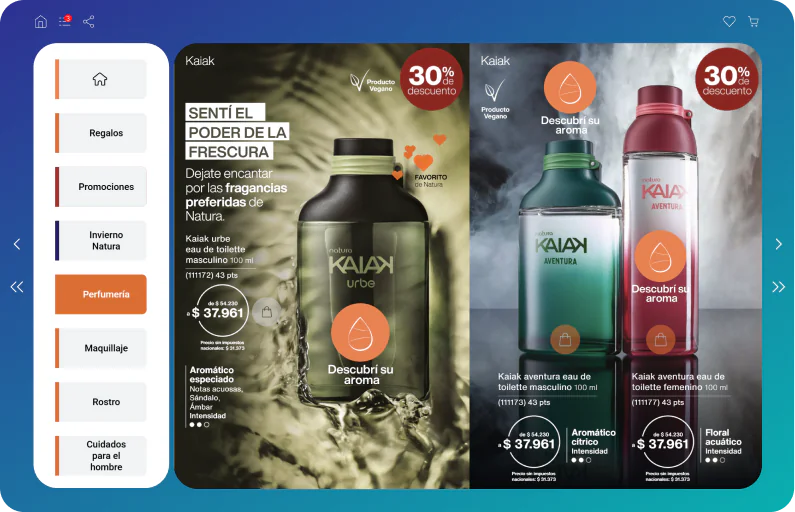 Interactive digital catalogue on a desktop screen with a realistic page-turning effect.