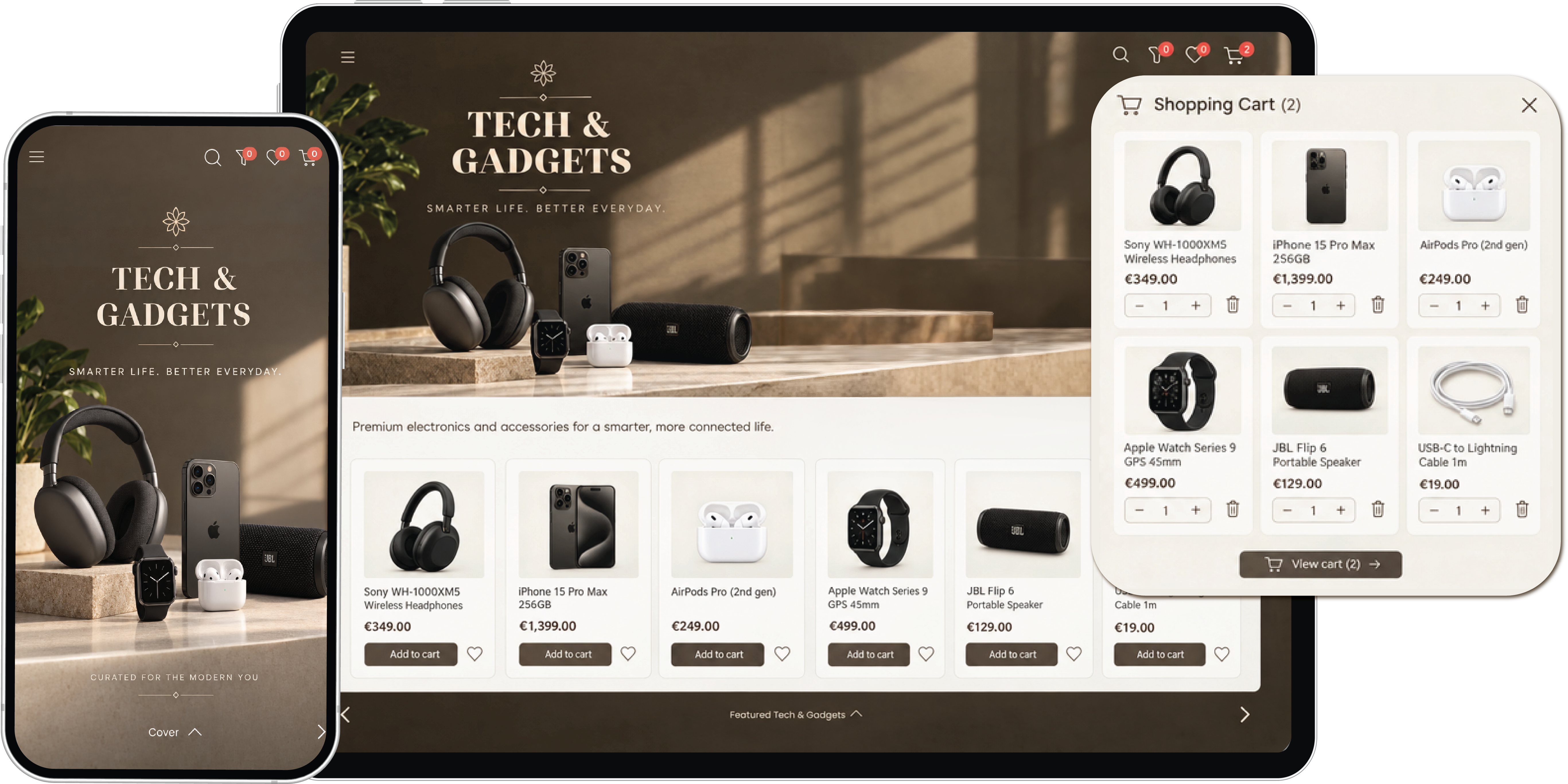 Mobile and tablet screens displaying a Shoppable Campaign Page with promotional banners and themed product grids