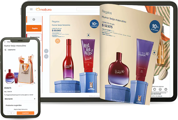 Mobile and tablet screens displaying a Flipbook Catalogue in action