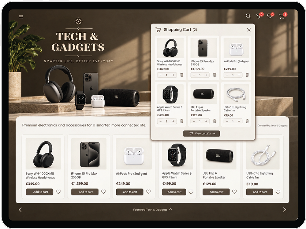Digital catalogue product grid on a tablet, showcasing a shoppable list page