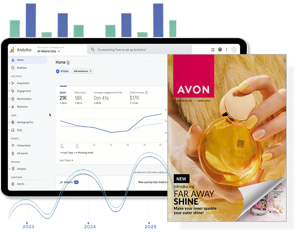 Digital catalogue with built-in analytics, including graphs, stats, and tracking insights.
