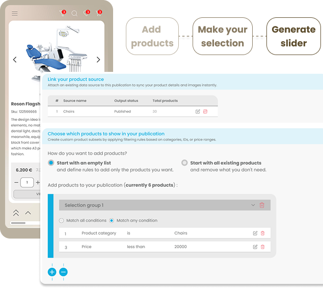 Step 1 setup showing automated product slider creation from raw spreadsheets, complete with robust filtering and custom branding tools.