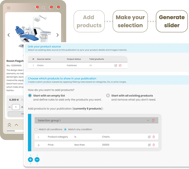 Step 1 setup showing automated product slider creation from raw spreadsheets, complete with robust filtering and custom branding tools.