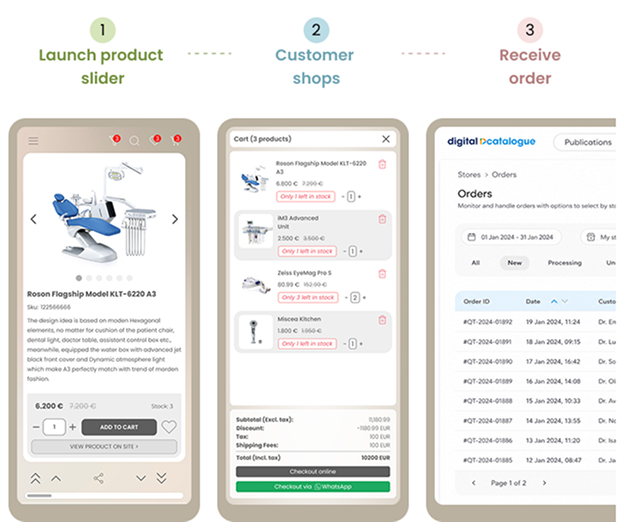 Step 2 setup illustrating a fully responsive B2B checkout workflow with real-time stock sync and direct quote generation on a smartphone view.