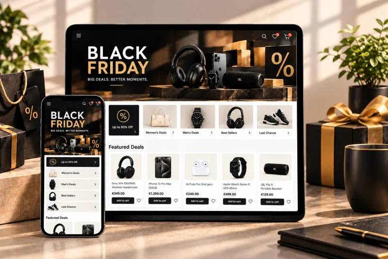 Black Friday shoppable campaign page shown on a tablet and a smartphone with deal categories and featured product offers