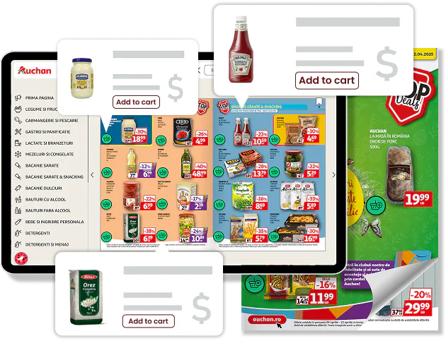 Catalogue Flipbook interactif avec fonctionnalité d’achat, boutons d’ajout au panier et affichage des prix des produits